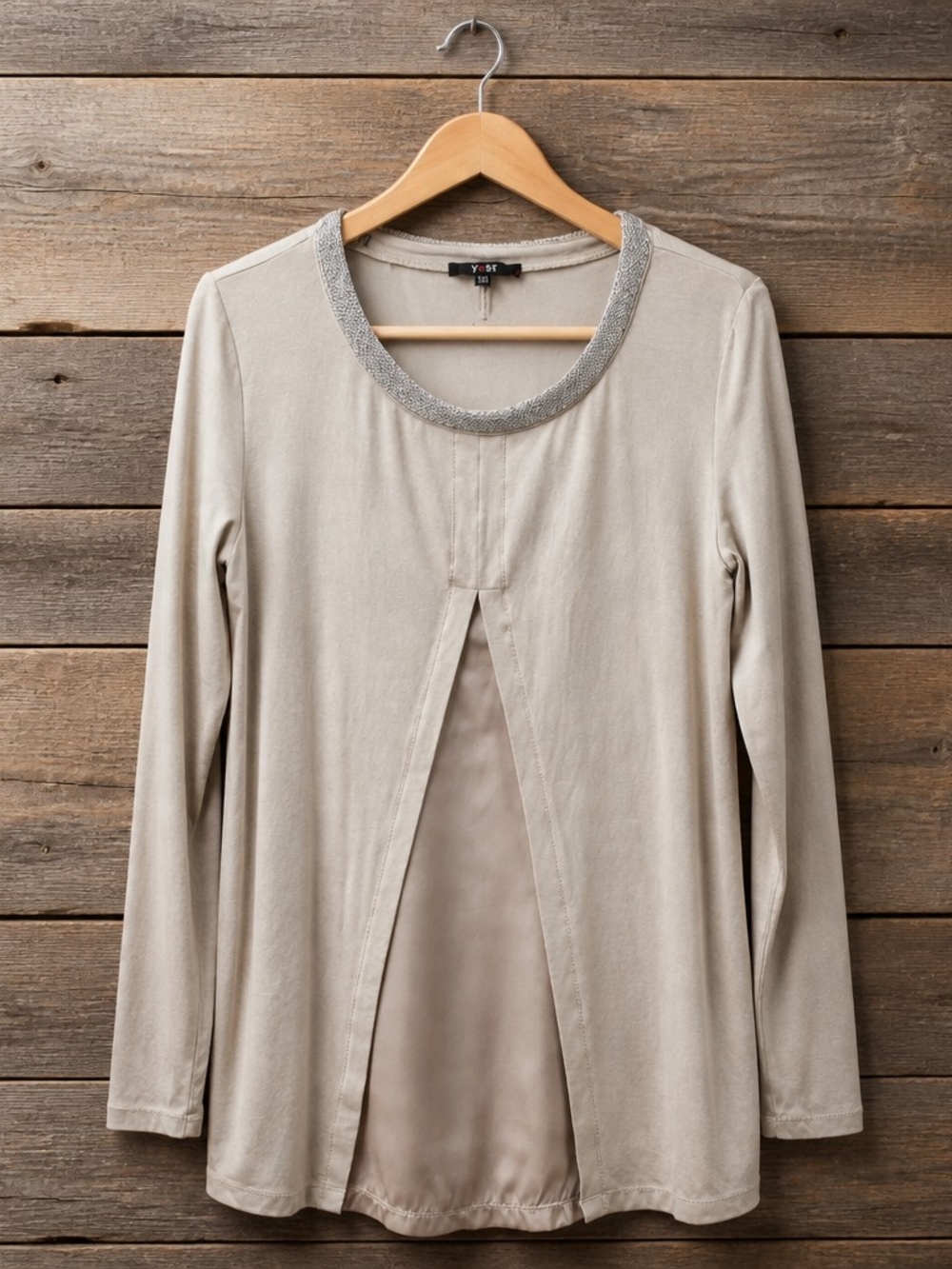 Embellished Collar Taupe Long-Sleeve Split Front Top